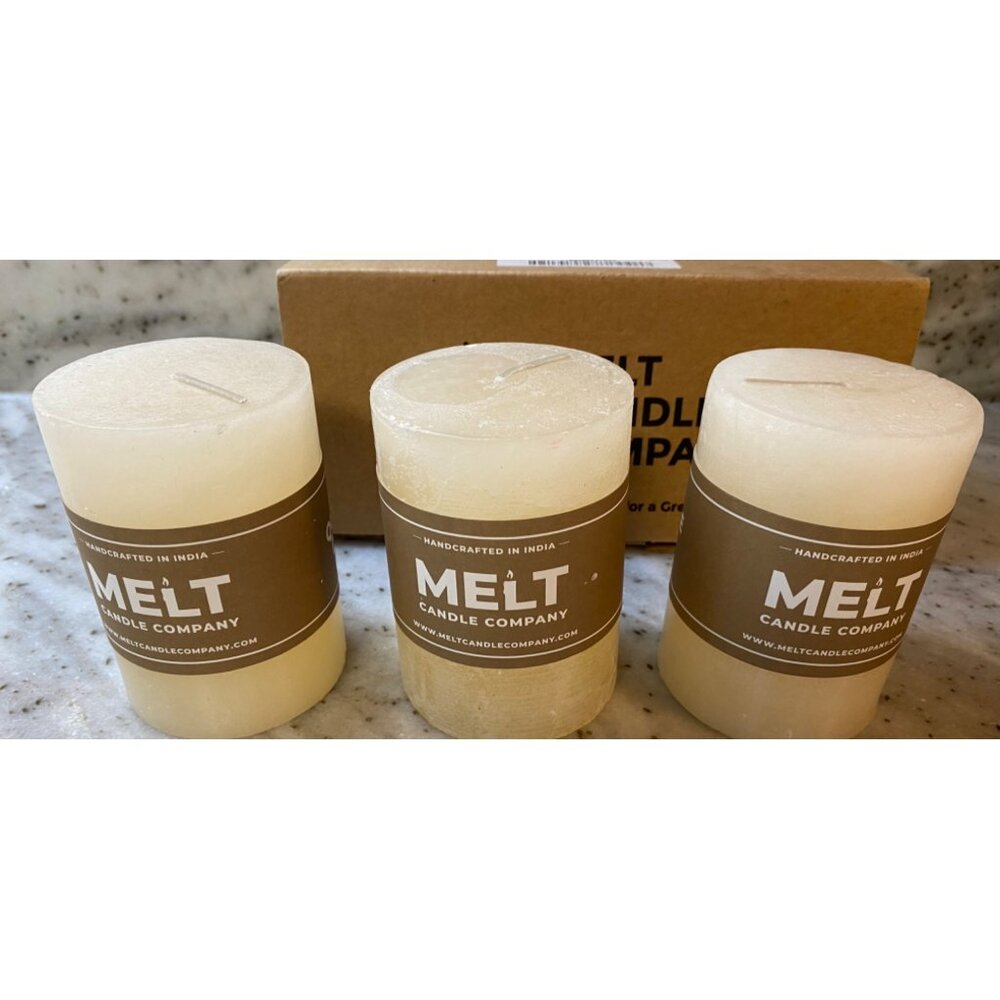 New in Box Melt Candle Company Pillar 3 Pack Unscented Ivory 3"X 4"